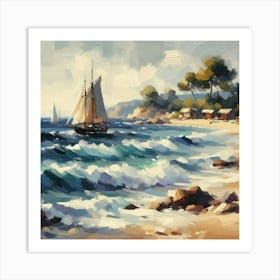 Sailboat On The Beach, Acrylic Painting Style Art Print