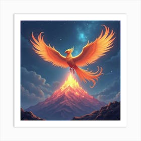 Mystical Phoenix Flying Above A Glowing Crystal Mountain Art Print