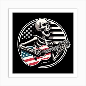 Skeleton Playing Guitar With American Flag Art Print