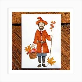 A Seasonal Autumn Greeting Card Joyfully Featuring A Cheerful Pilgrim Adorned In The Traditional Br (2) 1 Art Print