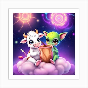 Alien And Baby Cow Drinking Choco Art Print