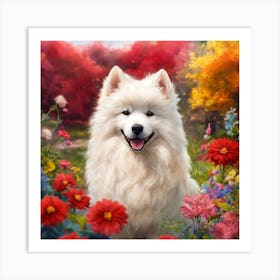 Samoyed Dog In Flowers Art Print