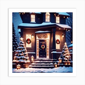 Christmas House At Night 5 Art Print