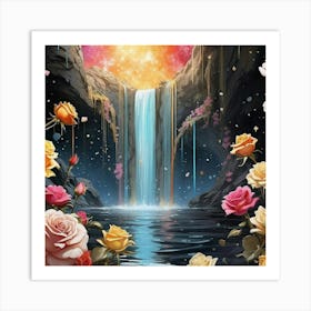 Roses And Waterfall 2 Art Print