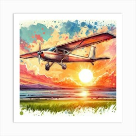 Watercolor Airplane At Sunset Art Print