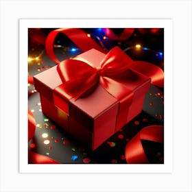 A beautiful red gift box with a red ribbon wrapped around a separate lid with a bow on top, sitting on a table covered in red and gold confetti with red and gold lights twinkling in the background Art Print