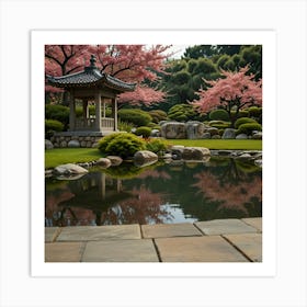 A Peaceful Japanese Garden With A Koi Pond, Stone Lanterns, And Blossoming Cherry Trees 2 1 Art Print