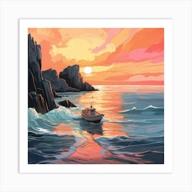 Sunset Boat On The Sea Art Print