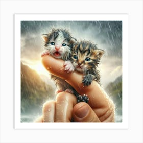 Kittens In Rain 4 Art Print