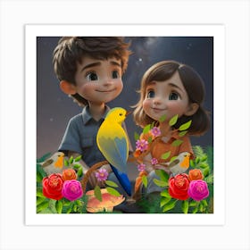 Cute Couple With Birds And Flowers Art Print