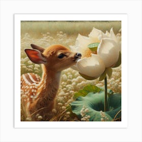 Baby deer and a huge flower Art Print