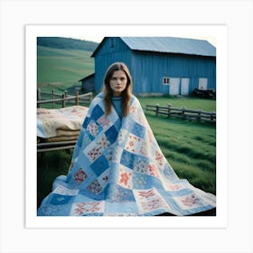 A Young Woman Wrapped In A Blue Patchwork Quilt Sits Outdoors, A Blue Barn And Green Field In The Background Art Print