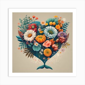 The heart of the blue whale is half composed of spring and autumn flowers Art Print