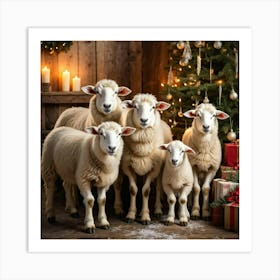 Sheep Huddled Together Like A Family During A Festive Christmas Meeting Radiant With The Warm Glow Art Print