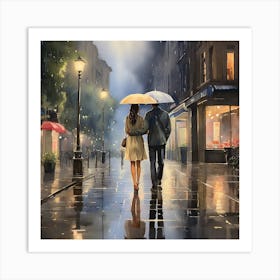 Couple Walking In The Rain Art Print