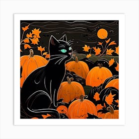 Black Cat In Pumpkin Patch Art Print