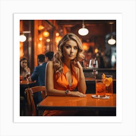 Beautiful Woman In Orange Dress In A Bar Art Print