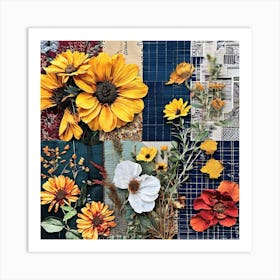 Sunflowers, Design An Eclectic Collage With A Combination Of Fabric Swatches Dried Flowers 3 Art Print