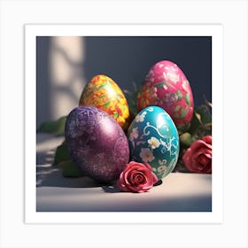 Flower Painted Easter Eggs with Miniature Roses Art Print