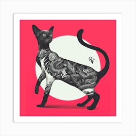 Japanese Cat Tattoo Red Square Art Print