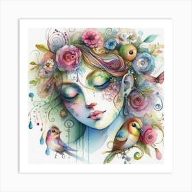 Girl With Flowers And Birds Art Print