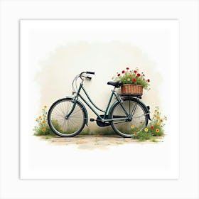 Classic Bike With An Old Stone Wall And Flowers Watercolor 1 Art Print