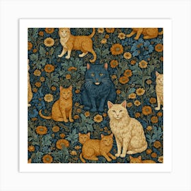 William Morris Inspired Classic Cats Blue And Gold Art Art Print