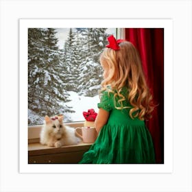 Firefly Little Girl, Blonde, Red Bow, Green Dress, Looking Out, Window, Snow Covered Forest, Fabulou Art Print