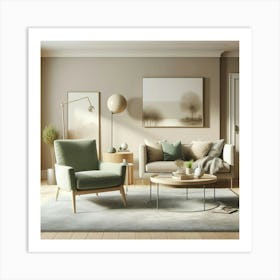 A beautiful living room with a green armchair, a sofa, a coffee table, a lamp, and a rug. The walls are painted in a light beige color and the furniture is made of wood. The room is decorated with plants and artwork. The overall effect is one of peace and tranquility. Art Print