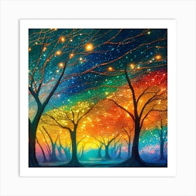 A captivating scene of trees that appear to be alive, with twinkling lights and vibrant 18 Art Print