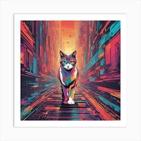 Cat Is Walking Down A Long Path, In The Style Of Bold And Colorful Graphic Design, David , Rainbowco (1) Art Print