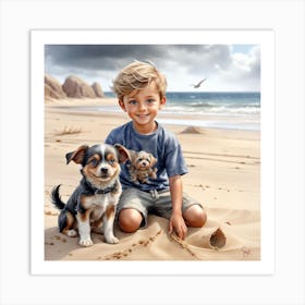 Little Boy With Dogs On The Beach Art Print