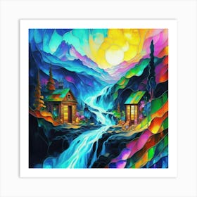 Abstract art stained glass art of a mountain village in watercolor 6 Art Print