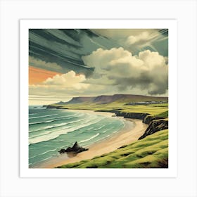 Stormy And Rainy Ireland Retro Landscape Beach And Co Art Print