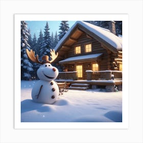 Snowman In Front Of A Cabin Art Print