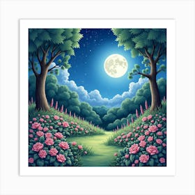 Enchanting Watercolor Garden Under Moonlit Sky 1 Art Print