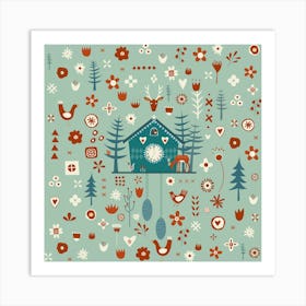 Cuckoo Clock Scandinavian Folk Art Art Print