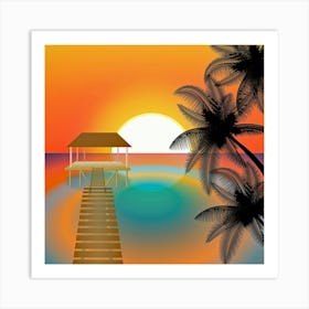 Sunset At The Beach Palm Ocean Art Print