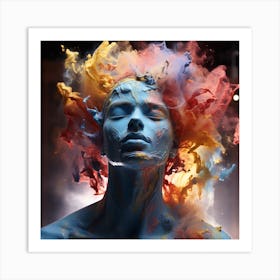 Painterly Woman. Vivid Vanity: Woman's Colorful Powder Paint Display. Burst of Beauty: Woman with Colorful Powder on Her Face Art Print