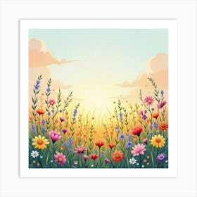 A Vibrant Watercolor Field Of Wildflowers Under A Pastel Sky Art Print