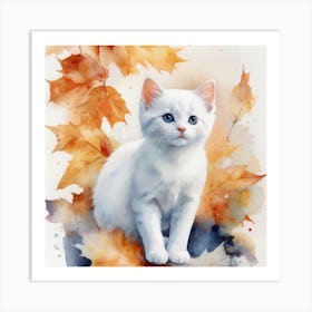 White Kitten In Autumn Leaves 1 Art Print