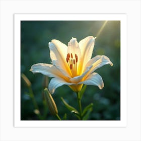 A Radiant Lily With Petals Of Flowing, Crystalline Light In A Celestial Meadow Art Print