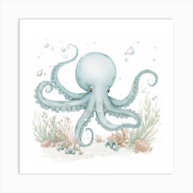 Storybook Style Octopus On The Ocean Floor With Aqua Marine Plants 7 Art Print