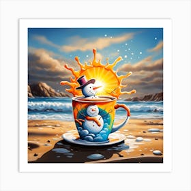 A Snowman's Coffee Cup Frosty Seaside Soak Art Print