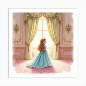 Watercolor Scene Of Young Queen In A Pastel Hued Royal Ballroom Art Print