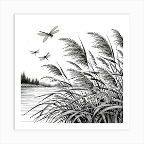 Line Art lake and reeds 2 Art Print