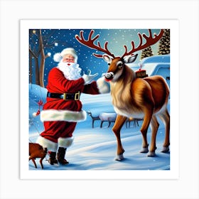 Santa And Christmas Reindeer Art Print