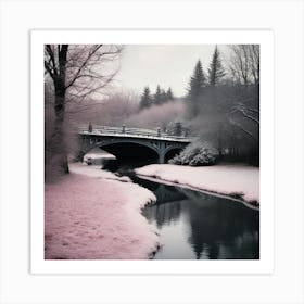 Pink Bridge In The Snow Landscape Art Print