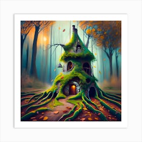 Fairy House Art Print, intense, dynamic, autumn, tree stump, leaves, ancient forest Art Print