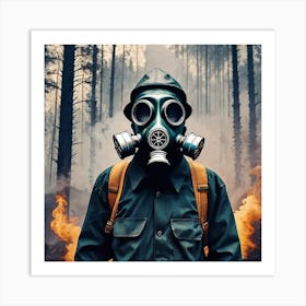 Man In Gas Mask In Forest Art Print